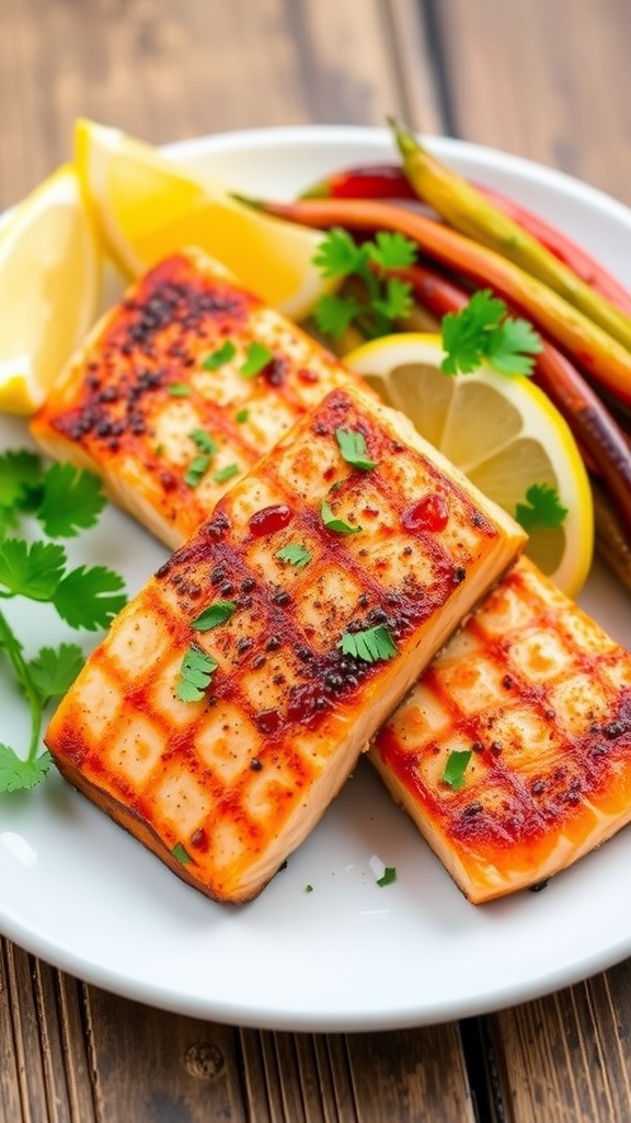 Crispy air fryer salmon fillet garnished with parsley and lemon wedges on a wooden table.